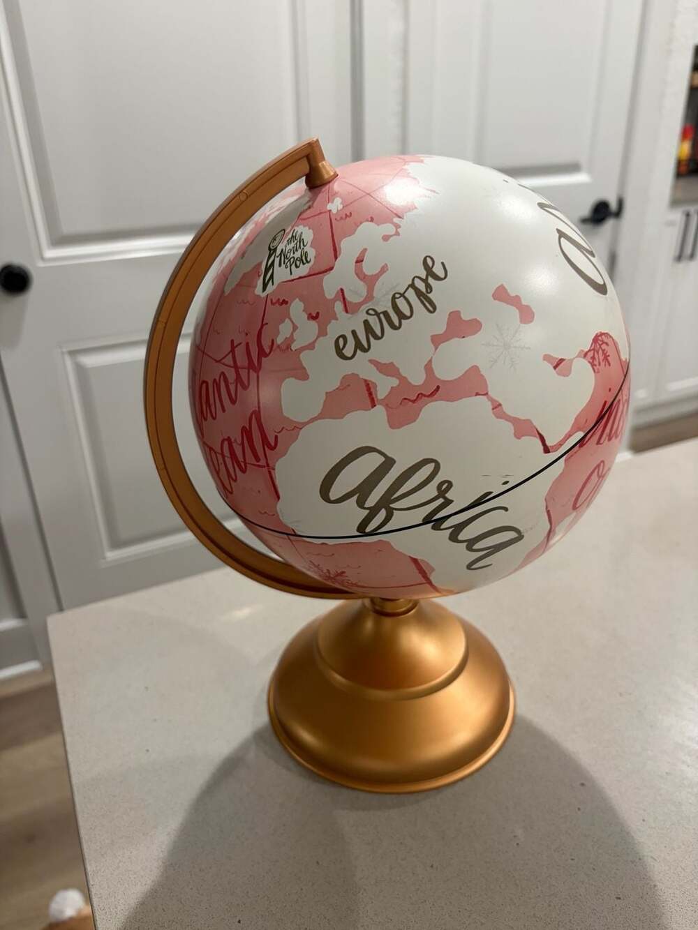 Blush Pink World Globe with Gold Script and Stand